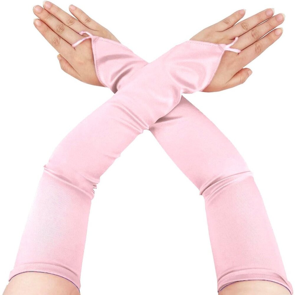 Women's Fingerless Pink Long Satin Fabric Gloves Stretchy Elbow Length Gloves